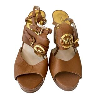 Michael Kors McKenzie Brown Leather Slide Sandals with‎ Gold Hardware Sz 10